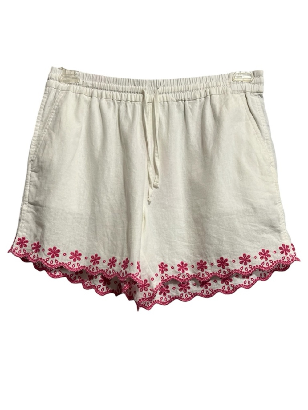 J Crew White Scallop Hem Shorts with Pink Floral Embroidery Linen Blend Size S